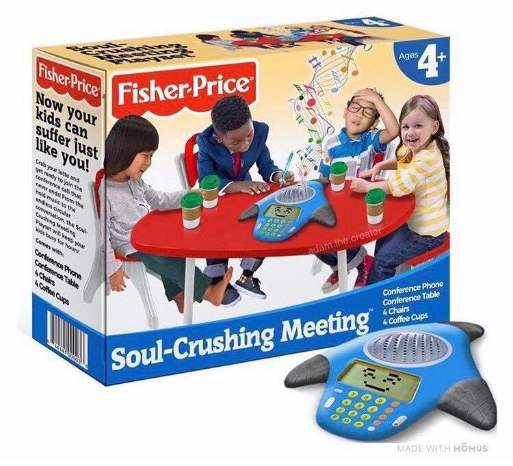 Photo of a fisher price toy box showing children in a meeting sitting around a smiley-faced teleconference microphone with cups of coffee. One boy appears to have lost the will to live
