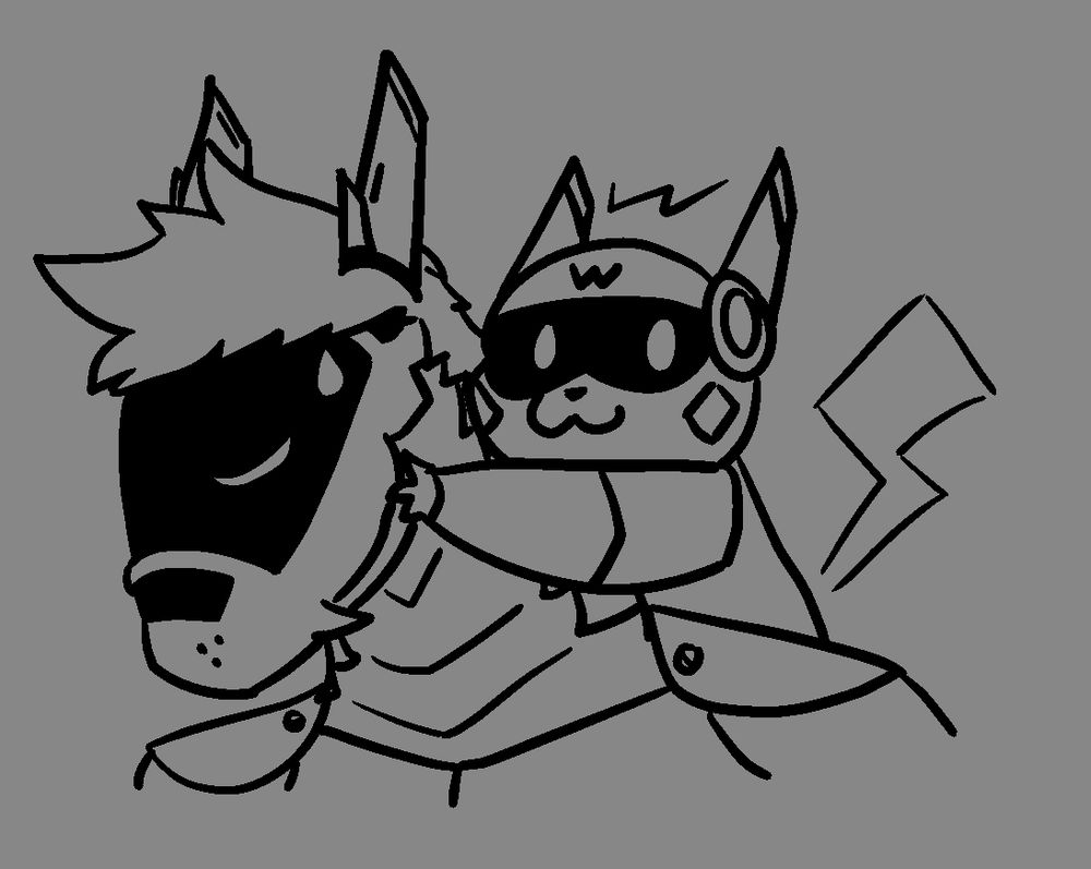 Digital sketch of Berg (usually an anthro dragon but depicted as a synth (furry species) here, their horns now mechanical antennae) closing their digital eyes and looking down, a sweatdrop displayed on their visor, looking exasperated; their partner Will (usually a pikachu, but as a robot here, ears as antennae with an electrical spark running through them) is perched on their shoulder, holding a paw to Berg's cheek, looking at the camera and smiling.