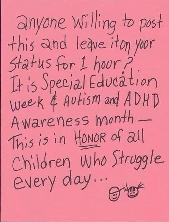 Anyone willing to post this and leave it on your status for 1 hour?  It is Special Education Week & Autism and ADHD Awareness Month.  This is in honor of all children who struggle every day… 

Also, please check this out:  
https://autisticadvocacy.org/2025/02/asan-condemns-announcement-of-presidents-make-america-healthy-again-commission-and-harmful-ideas-about-autism-and-other-disabilities/
