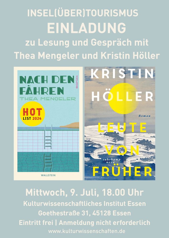 Flyer mit Details zur Doppellesung "Insel(über)tourismus" am 9.7. um 18h im KWI Essen, Goethestr. 31