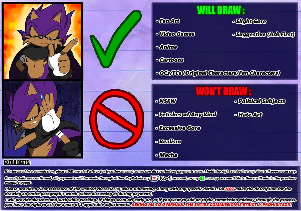 A sheet containing the stuff I WILL draw and stuff I WON'T draw. Also some extra deets on the bottom too.