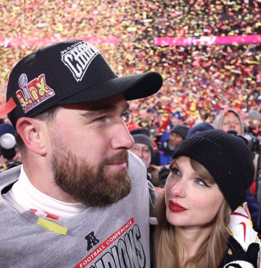 taylor and travis on the field at arrowhead surrounded by confetti after the afc championship game 