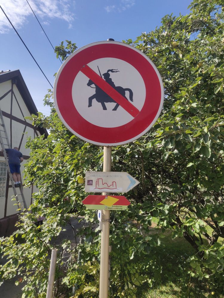 A traffic sign with a knight on horse back crossed out.