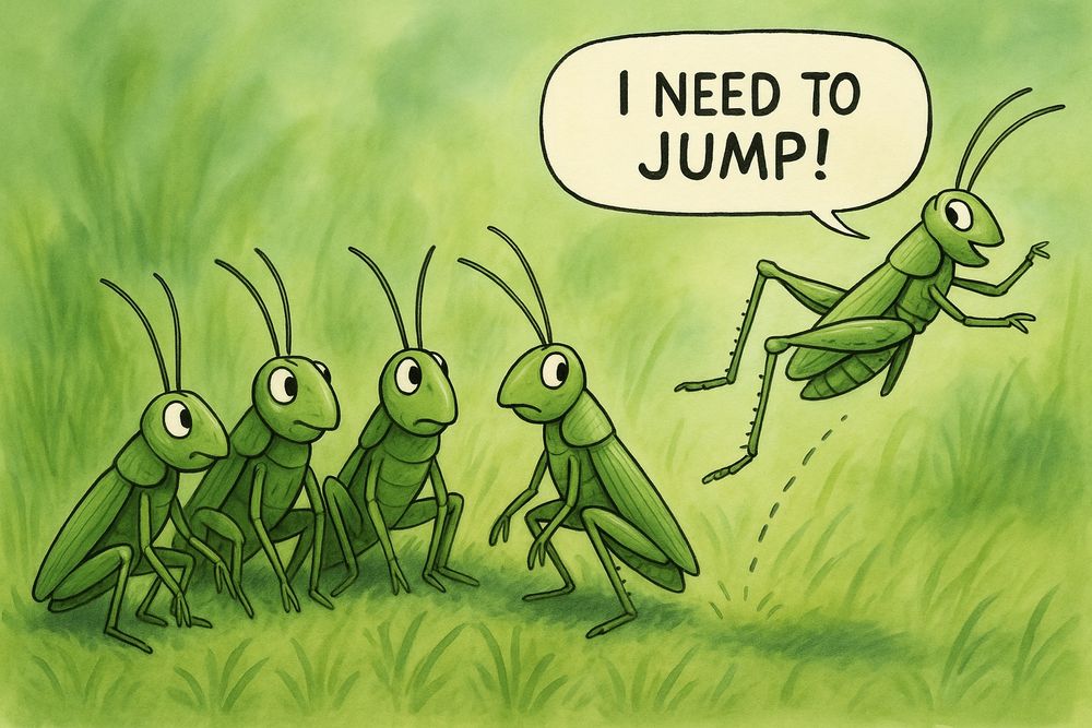 A group of grasshoppers sitting together while one is leaving with a bubble saying „I need to jump!“ 