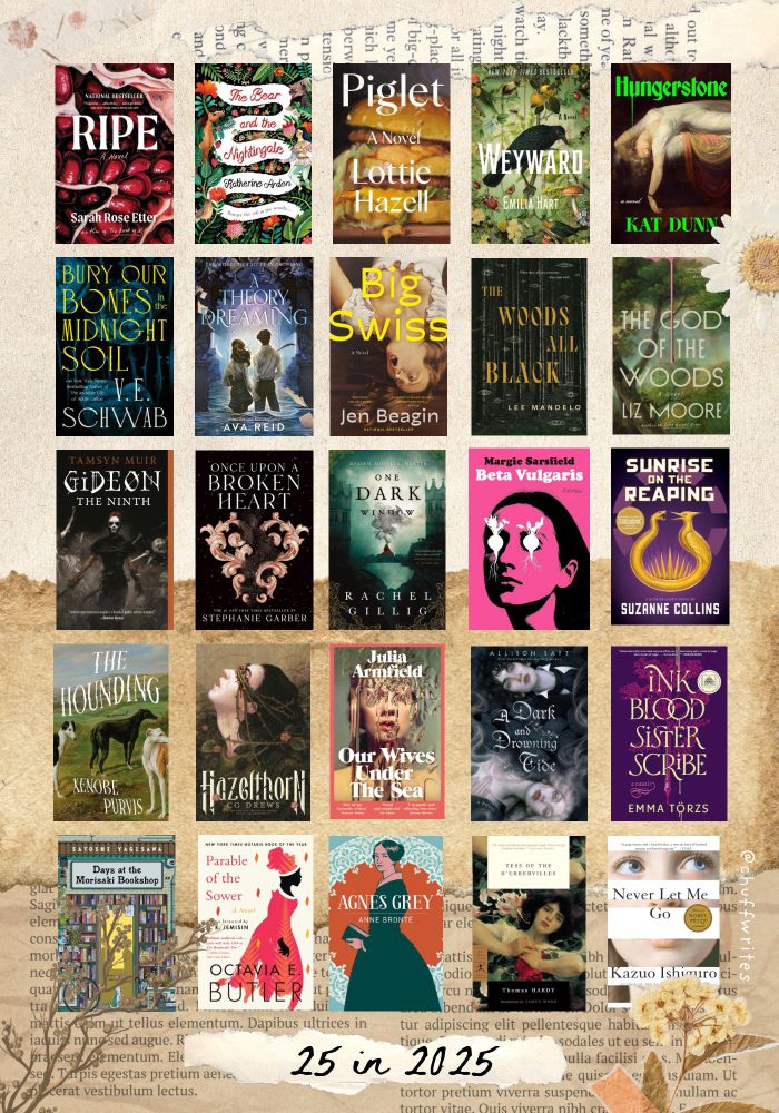 A graphic of the following books that is like to read in 2025:
1. Ripe by Sarah Rose Etter
2. The Bear and the Nightingale by Katherine Arden
3. Piglet by Lottie Hazel
4. Wayward Emilia Hart
5. Hungerstone Kat Dunn
6. Bury Our Bones in the Midnight Soil by V.E. Schwab
7. A Theory of Dreaming by Ava Reid
8. Big Swiss by Jen Beagin
9. The Woods All Dark by Lee Mandela
10. The God of the Woods by Liz Moore 
11. Gideon the Ninth by Tasmyn Muir
12. Once Upon A Broken Heart by Stephanie Garber
13. One Dark Window by Rachel Gillig
14. Beta Vulgaris by Margie Sarsfield
15. Sunrise on the Reaping by Suzanne Collins
16. The Hounding by Kenobe Purvis
17. Hazelthorn by CG Drews
18. Our Wives Under the Sea by Julia Armfield
19. A Dark and Drowning Tide by Allison Saft
20. Ink Blood Sister Scribe by Emma Törzs
21. Days at the Morisaki Bookshop by Satoshi Yagisawa
22. Parable of the Sower by Octavia E. Butler
23. Agnes Grey by Anne Brontë 
24. Tess of the D’Urbervilles by Thomas Hardy
25. Never Let Me Go by Kazuo Ishiguro