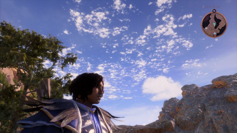 Dragon Age Veilguard screencap of a character in front of a blue cloudy sky 