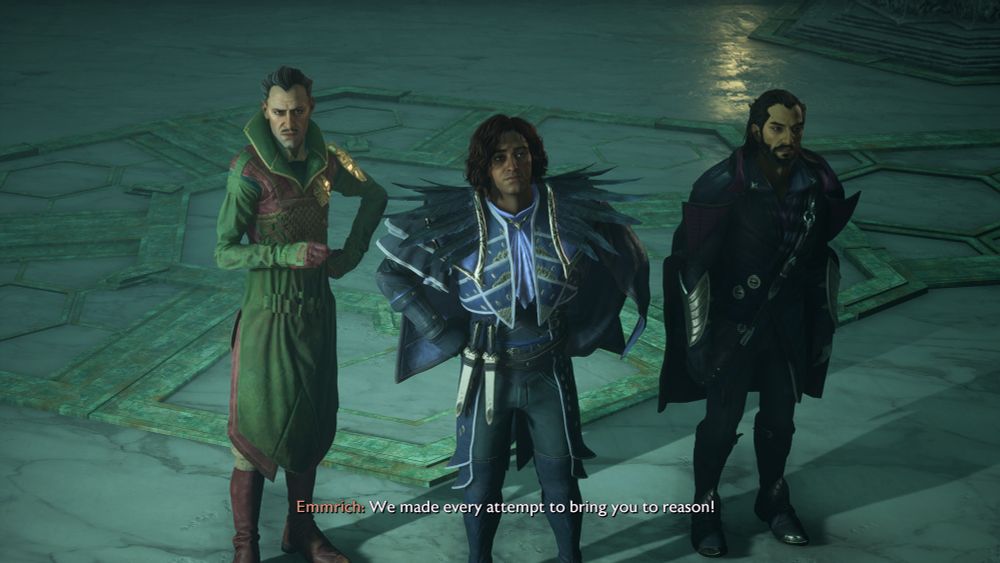 Dragon Age Veilguard — Rook and Emmrich stand with their hands on their hips AGAIN