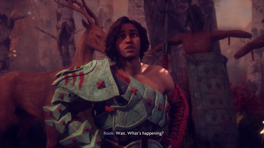 Dragon Age Veilguard screencap where a character stands in a forest saying “wait. What’s happening?”