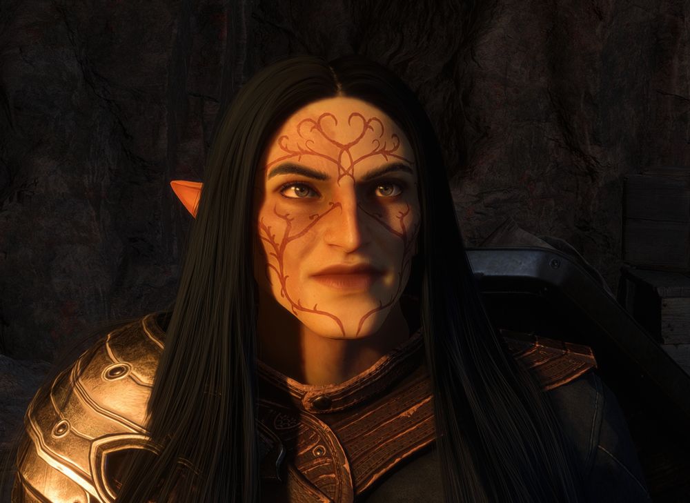 a male elf in grey warden armor with long straight black hair is seen in a cave with warm lighting; he dons the blood red vallaslin of elgar'nan; on the right side of his face there is red scarring, his eyes are a slate grey color, his eyebrows are arched, his nose prominent and his lips are slightly curled