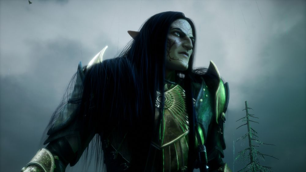 elven "rook" from dragon age is seen with a moody background wearing 'imperium's resolve' armor set. he has long raven black hair, grey eyes, cool skin tone, red facial tattoo of the "deity" elgar'nan, nose is aquiline/roman and facial features are sharp. facial expression is determination.