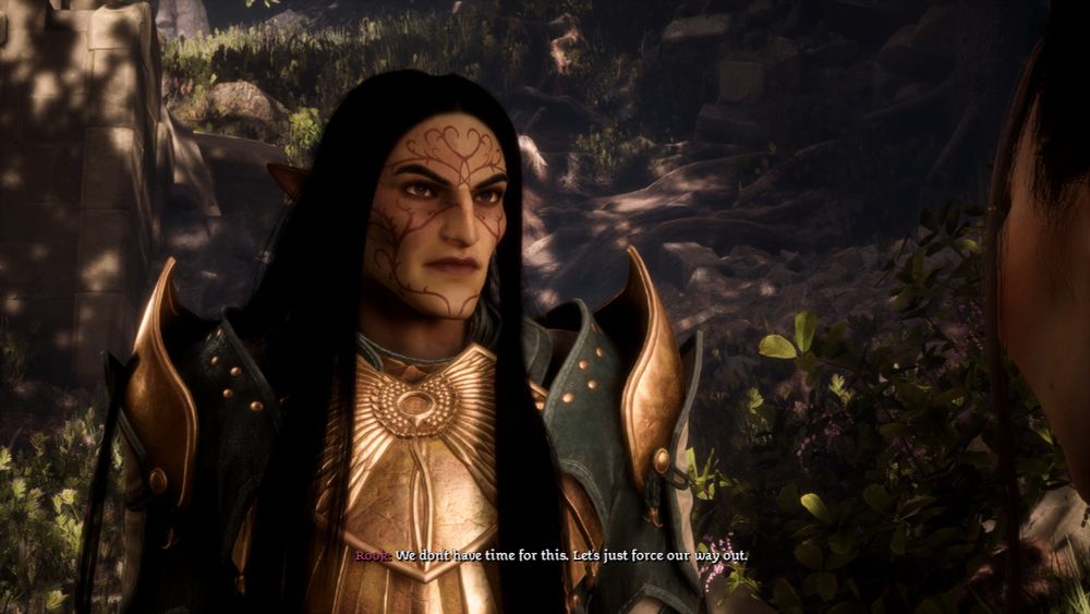 a male elf with log dark hair and an angry facial expression wears tevinter style armor 