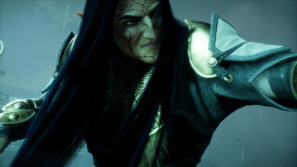 elven "rook" from dragon age is seen with a moody background wearing 'imperium's resolve' armor set. he has long raven black hair, grey eyes, cool skin tone, red facial tattoo of the "deity" elgar'nan, nose is aquiline/roman and facial features are sharp. facial expression is determination.