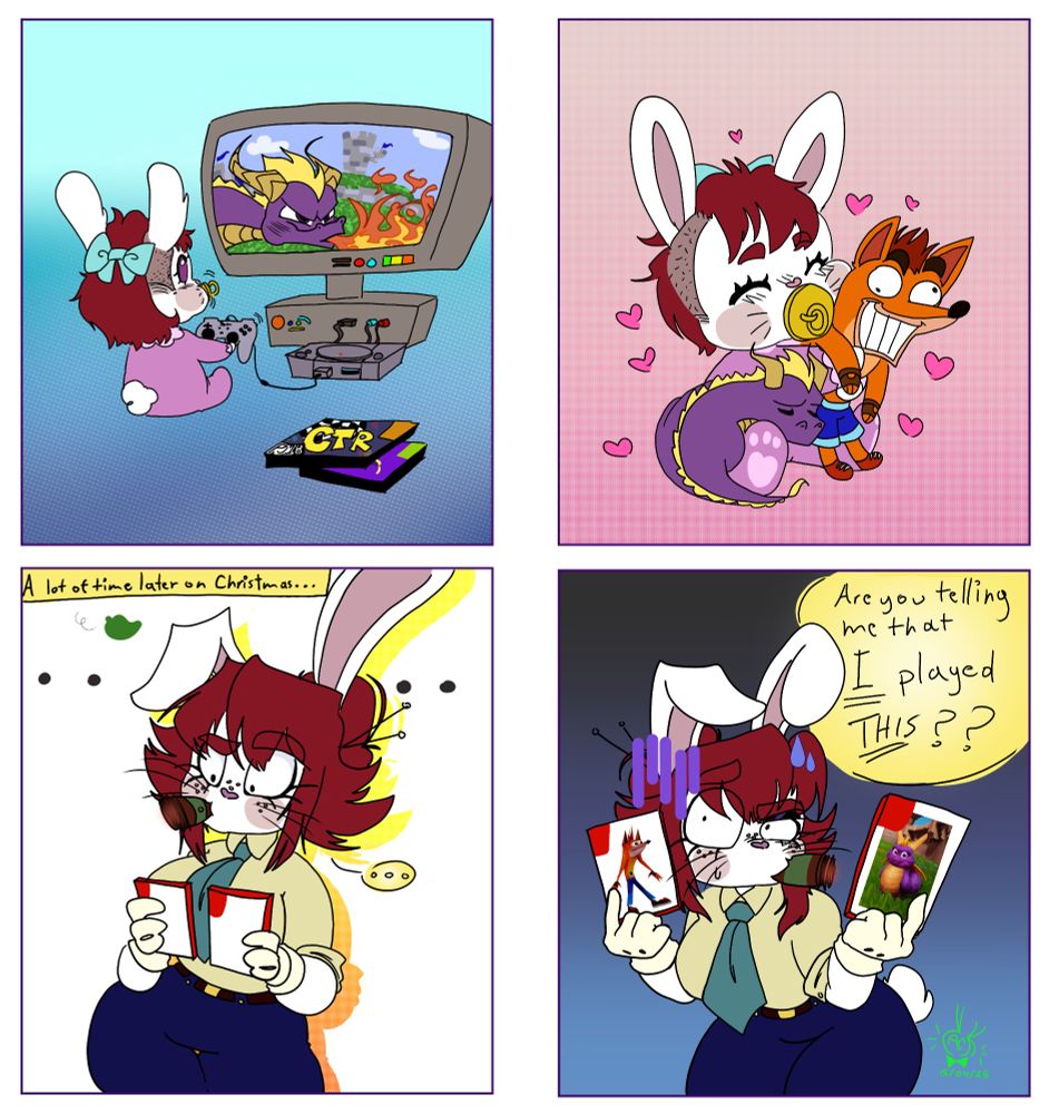 A baby rabbit playing Spyro on the PS1 and then hugging two plushies of both crash Bandicoot and Spyro, at the end, the rabbit is all grown up, she looks at two games, confused, she asks: "are you telling me that I, played THIS?"