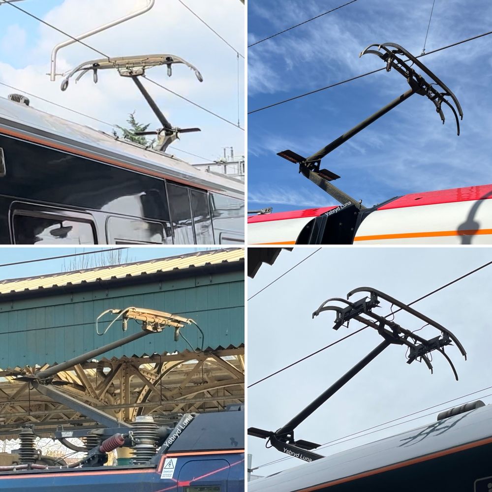 Top row shows a Brecknell Willis HS-P mark 2 donuts on a class 387 in Swindon station, this one has circles on the sides
A Brecknell Willis HS-P mark 2 pantograph on a class 756 FLIRT in treherbert station (though you can only see the sky beyond the roof of the train) 

Bottom row shows
A Brecknell Willis HS-P Mark 1 pantograph on 88008 in Newport station, the roof of the station is very visible here and it’s a greenyblue colour
A Brecknell Willis HS-X on a class 80X in Cardiff central with a very grey sky behind it