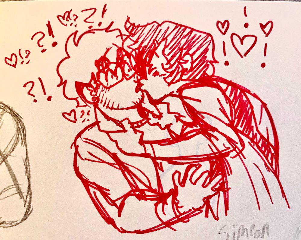 Simeon kisses Mammon unexpectedly. Mammon looks very surprised.