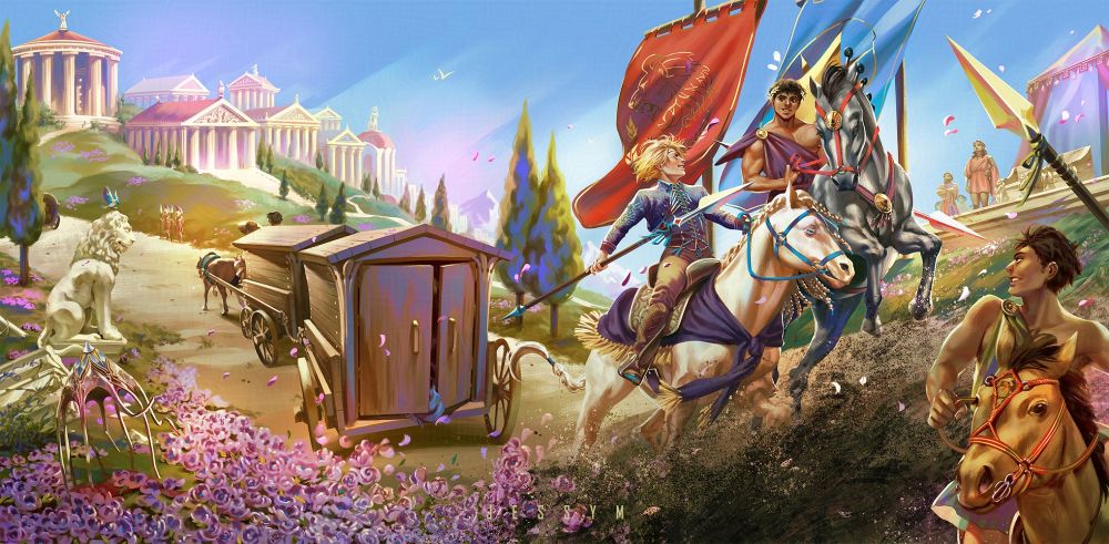 On the cover, Laurent and Damen during the okton - both in the light, their flags sitting together covering each other's back. An activity where they both compete for their own glory, but finally face it as kings, here doubling as a representation of their last stretch towards their common goal: a fierce struggle where the earth rises, but does so under their power and speed; if it might get out of their control at times, it is something they will face side by side as equals. In front of them, Pallas has his own fun during the event moments before the unexpected happens. Behind them all, near the two thrones, Nikandros and Makedon carefully watch both kings.

On the back cover, all embark on an dangerous and exciting mission through slim odds and the watchful gaze of guards, but on the corner, a vision of the future: the blue bird (Laurent), finally free of it's golden cage, leaves the regent red covers behind and perks on the lion's (Damen) head to watch over them in this adventure on their new kingdom as a new spring rapidly blooms around them under the bright sky.