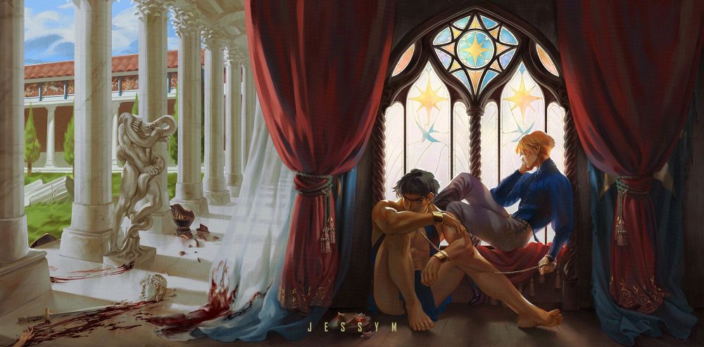 on the cover, Damen and Laurent face opposite directions, showcasing their disconnect, yet both remain inside the cage-like window space: laurent on a red fabric, and damen, reduced to his new position on the ground. The regent's red curtain frames them, and on the stained glass, two birds dream of soaring in the sky. Damen is mostly in the shadows, the light on his back only a memory, while Laurent, while still under the light, has the inevitable looming shadow of his elaborate cage over him. Though Laurent holds Damen's golden leash, the chain silently binds him, too. Framing them, the star banner is covered in the regent's red: Tattered on the right, a crumbling memento of Laurent's father and brother, and on the left, a new banner, Laurent's own, still waiting for his time to be in the light.

On the back cover, a bloody scene; a testament of what happened to damen and his guard: the statue, inspired by a sophocles reading of laoconte, representing damen with his head broken off as a symbol of his position being striped off him, by his own brother, for having fallen in love with the wrong person, and his guard brutally murdered, all traces of him and the truth erased for the people of Akielos. In the background, the frieze foreshadows Damen's return, a tale to be told in the coming books.
