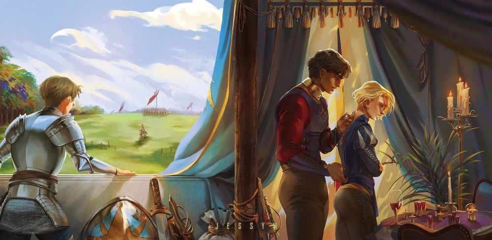 on the cover, Damen and Laurent (with longer hair due to their journey) face the same direction, their goals finally starting to allign. On each side, swords and war maps dictate the path ahead while both are lost in a now-common, yet borderline special ceremony between them; the undressing of laurent, either of his clothes or his emotional armor against damen, while damen gets lost in the action, a representation of his slow, newfound appreciation for Laurent as the individual he comes to know. Instead of a cage, their shared tent: a fragile construction between them. All that separates them from the fire and freedom is a delicate veil now. On the table, a glass of wine sits alone, a representation of their tentative intimacy in this moment of their relationship. On the table, a war game: laurent's few numbers against  the regent, but behind him, a secret backup none yet know about.

On the back cover, the very end of the book: Jord watches as Nikandros, Damen's loyal friend and Laurent's secret weapon, come to keep his end of their agreement. Laurent's star shine under the sun on both the standard and the shield: not all is lost.
