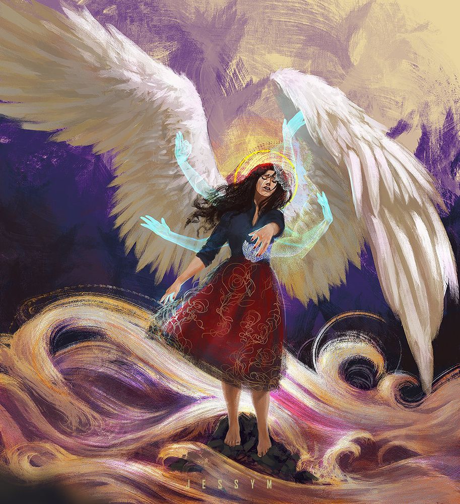 Original character, Elizabeth, cries as she says goodbye to a lover while helping their soul traverse the sea of life onto their next incarnation. Her extra spiritual arms, wings and halo are visible.