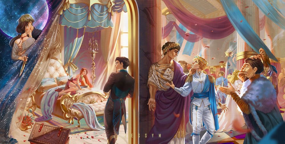 On the cover, Damen and Laurent's coronation. People of the two nations mingle while Charls the merchant is shocked at Lamen's audacity of dressing as the King. Laurent and Damen, though at the moment of Damen's introduction to Charls, are momentarily lost in their own little world.

On the back cover, Berenger concludes that Luxury does suit Ancel. While ancel is covered in priceless emeralds and surrounded in expensive furniture, flower petals still cover his space: a soft reminder of Berenger's more humble showcase of his feelings. On their suitcase a horseshoe is wrapped around by a flower: the unexpected growth of love between people who couldn't be more different. As day turns into night, A memory unfold as Jord and Aimeric kiss under the cover of darkness. Aimeric gives himself only partially, his left hand holding the secret of his betrayal. With his hand on his waist, Jord doesn't know the strained red thread he innocently seeks to untie is that of the regent, and uknown to him, a lace that is tragically woven too deep to be undone.