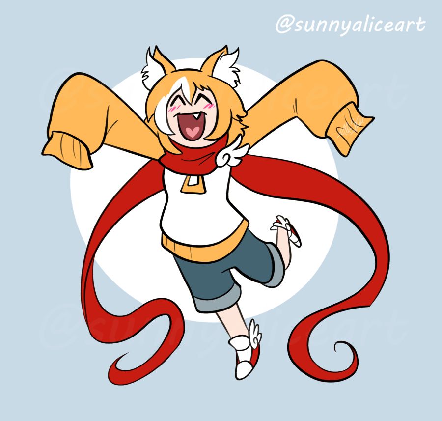 An excited and happy catgirl waving her oversized sweater sleeves in the air - belongs to @relyable