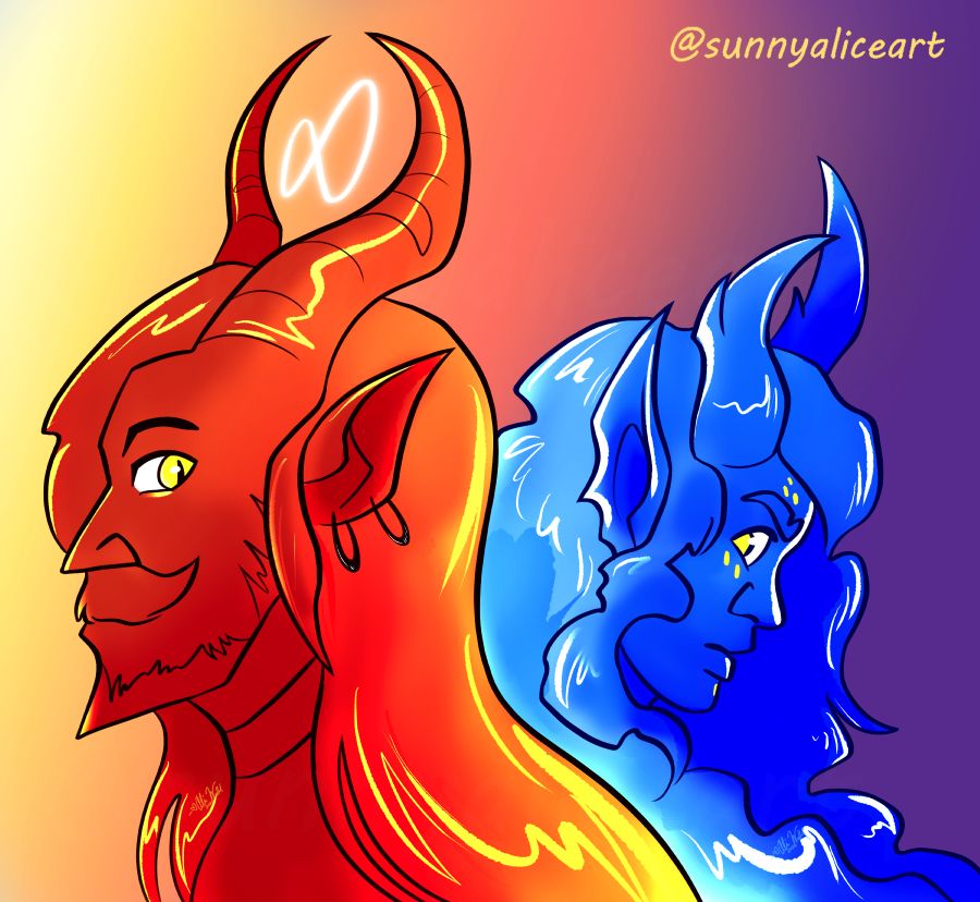 Red and Blue busts of horned men side eyeing each other - 
Magus and Henare belong to @galaxybrainliz