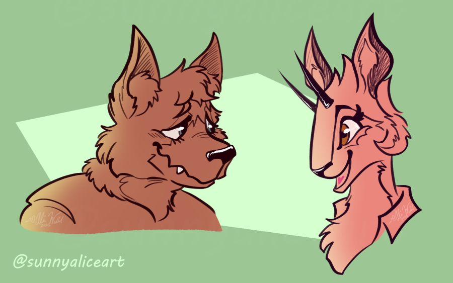 A slightly nervous, but smiling furry looks over at a happy dik-dik, belongs to @@caitysecret