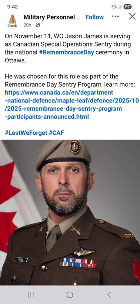 Photo of a bearded Canadian Special Forces soldier who will be a sentry at the national Remembrance Day ceremony in Ottawa