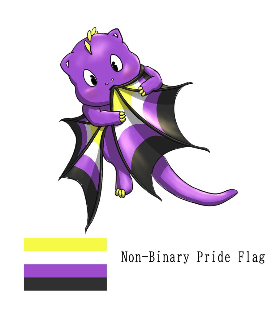 Artwork of a cute purple dragon who has grabbed its own wing and is chewing it adorably. Its wings are striped in the colors of the nonbinary pride flag. Below that is the yellow-white-purple-black striped flag and text that reads Non-Binary Pride Flag.