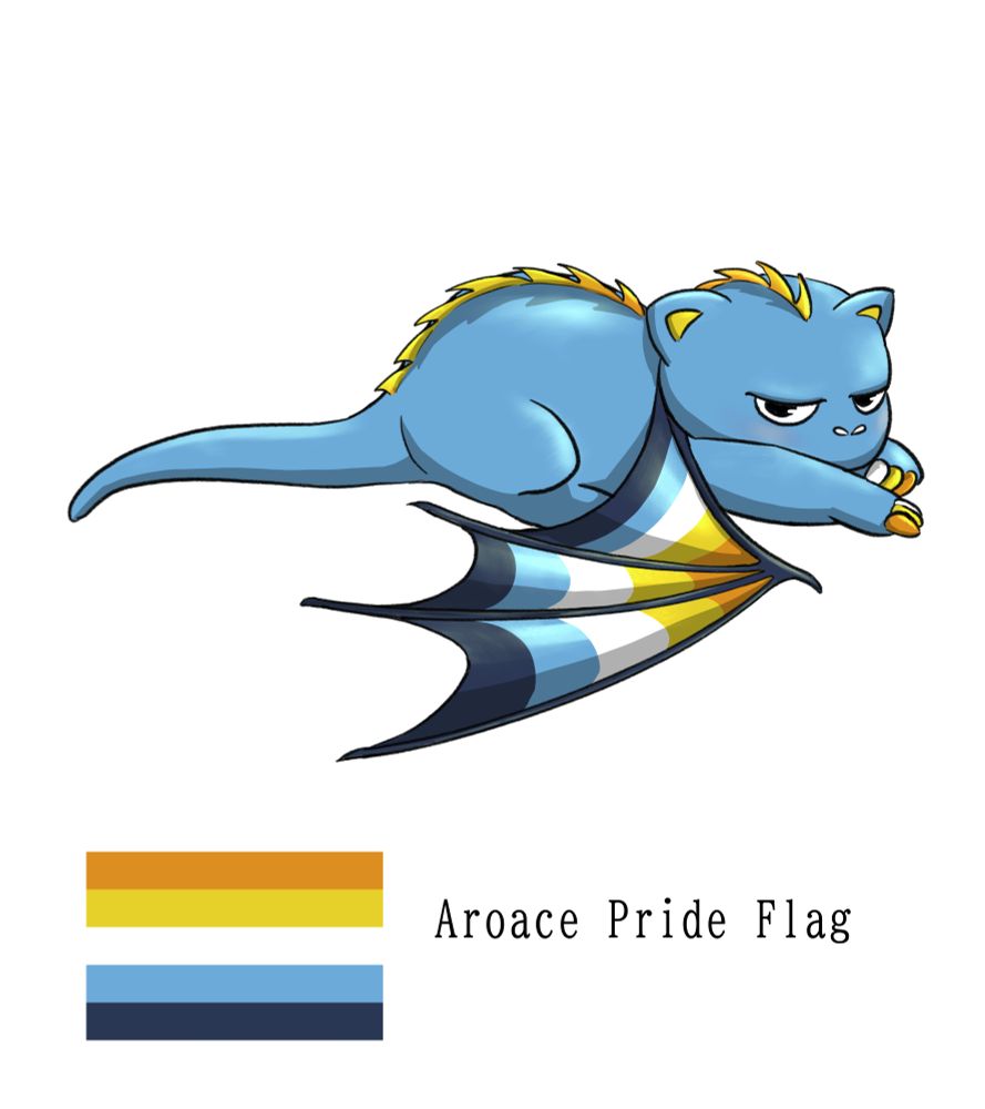 Artwork of a cute pale blue dragon crouched on its belly side-eying the viewer. It's wings are striped in the colors of the aroace pride flag. Below this is a flag with orange, yellow, white, light blue, and navy blue stripes, and text beside it reads "Aroace Pride Flag."