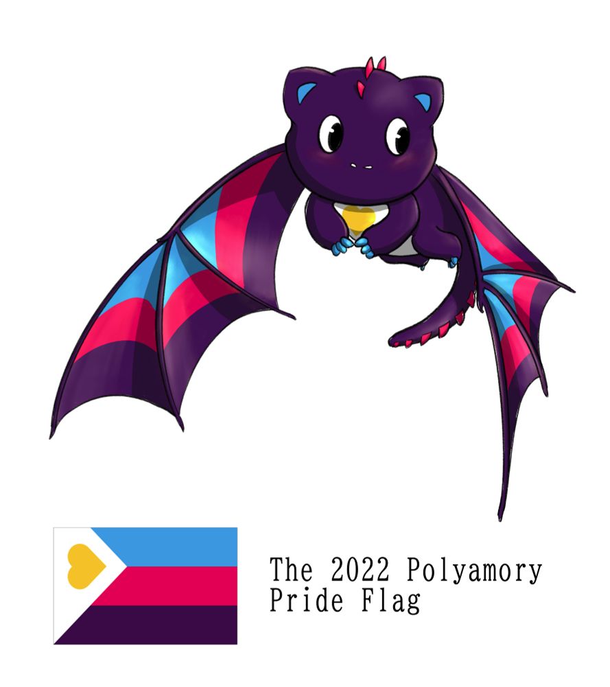 Artwork of a cute dark purple dragon with wings spread mid-flight. It has a white belly with a yellow heart on it. Its wings are striped in the colors of the polyamorous pride flag (newer version - teal, magenta, and purple). Below this is a flag with teal, magenta, and dark purple stripes, with a white triangle and yellow heart on the side. Text beside it reads "The 2022 Polyamory Pride Flag."