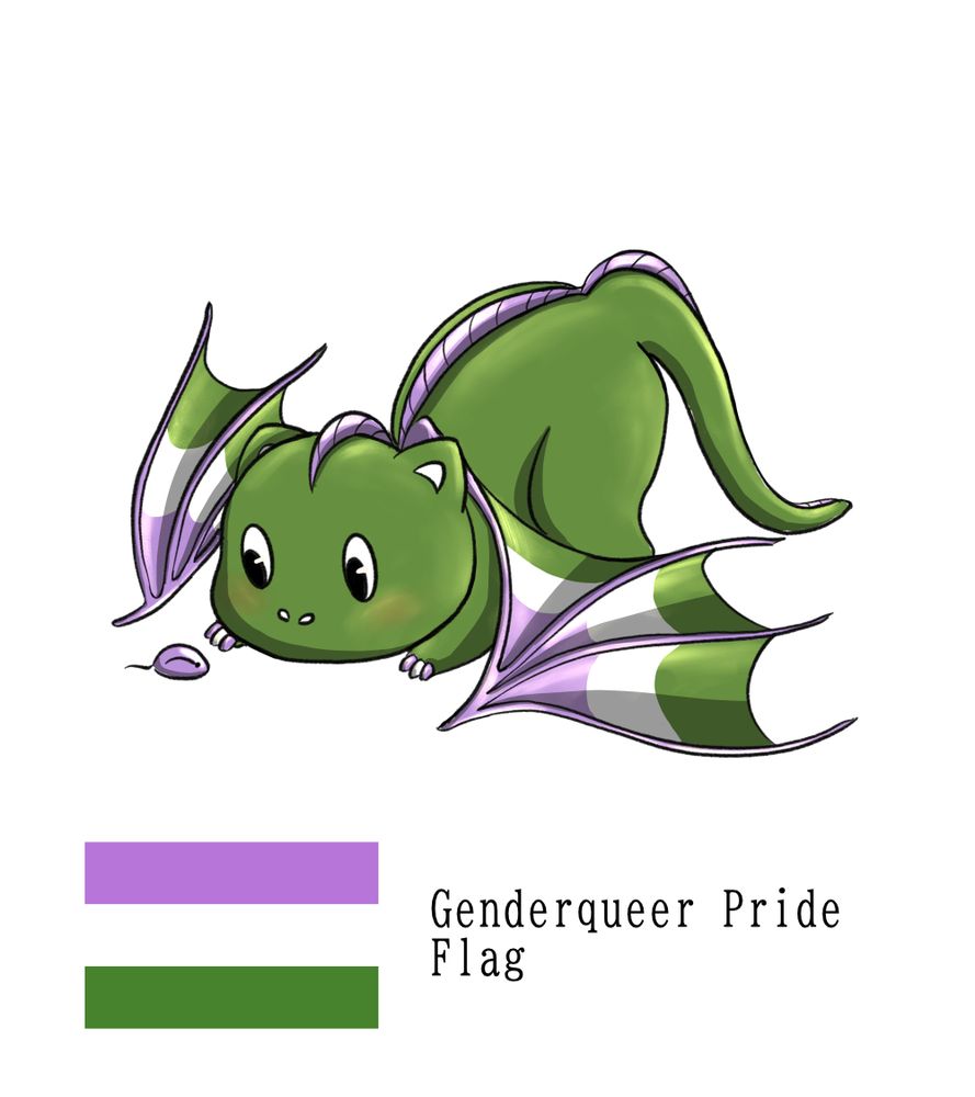 Artwork of a cute green dragon crouched, butt in the air, front half lowers, staring at a tiny mouse. Its wings are striped in the colors of the genderqueer pride flag. Below that is a picture of the purple-white-green striped flag and text that reads "genderqueer pride flag."