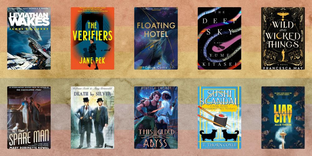 Graphic 3 of 3. Ten book covers over a background of stained paper in colors of the rainbow pride flag. The books are: Leviathan Wakes by James S. A. Corey; The Verifiers by Jane Pek; Floating Hotel by Grace Curtis; The Deep Sky by Yume Kitasei; Wild and Wicked Things by Francesca May; The Spare Man by Mary Robinette Kowal; Death by Silver by Amy Griswold & Melissa Scott; This Gilded Abyss by Rebecca Thorne; Sushi Scandal by T. Thorn Coyle; Liar City by Allie Therin.
