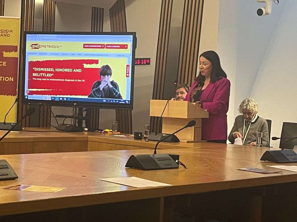 Monica Lennon MSP stands at a lecturn giving a talk. She is standing in front of a large tv screen with the words "Dismissed, ignored and belittled" on it.