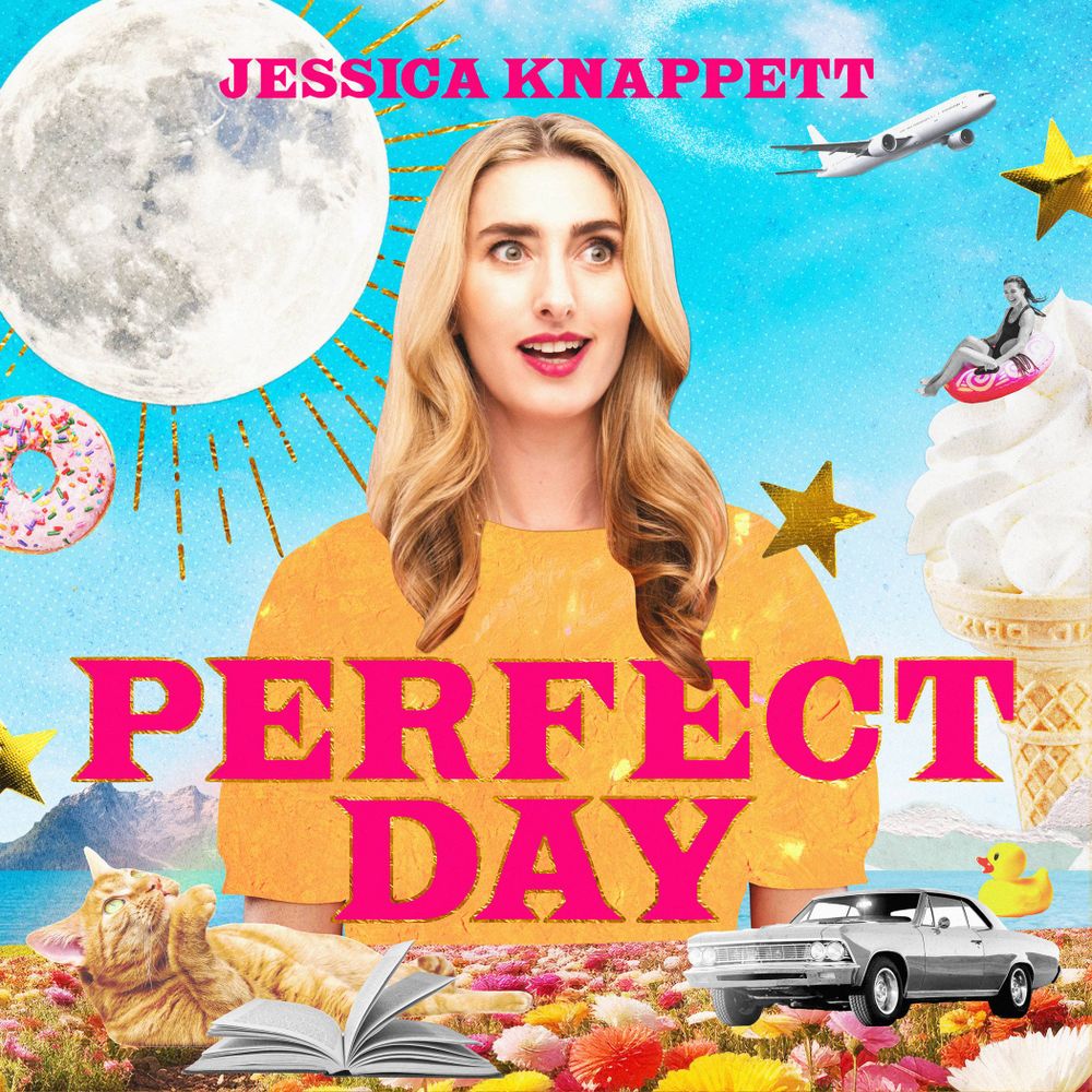 The cover image of the Perfect Day podcast. It is a bright blue background with a photo of Jessica in the middle and 'Perfect Day' in pink.