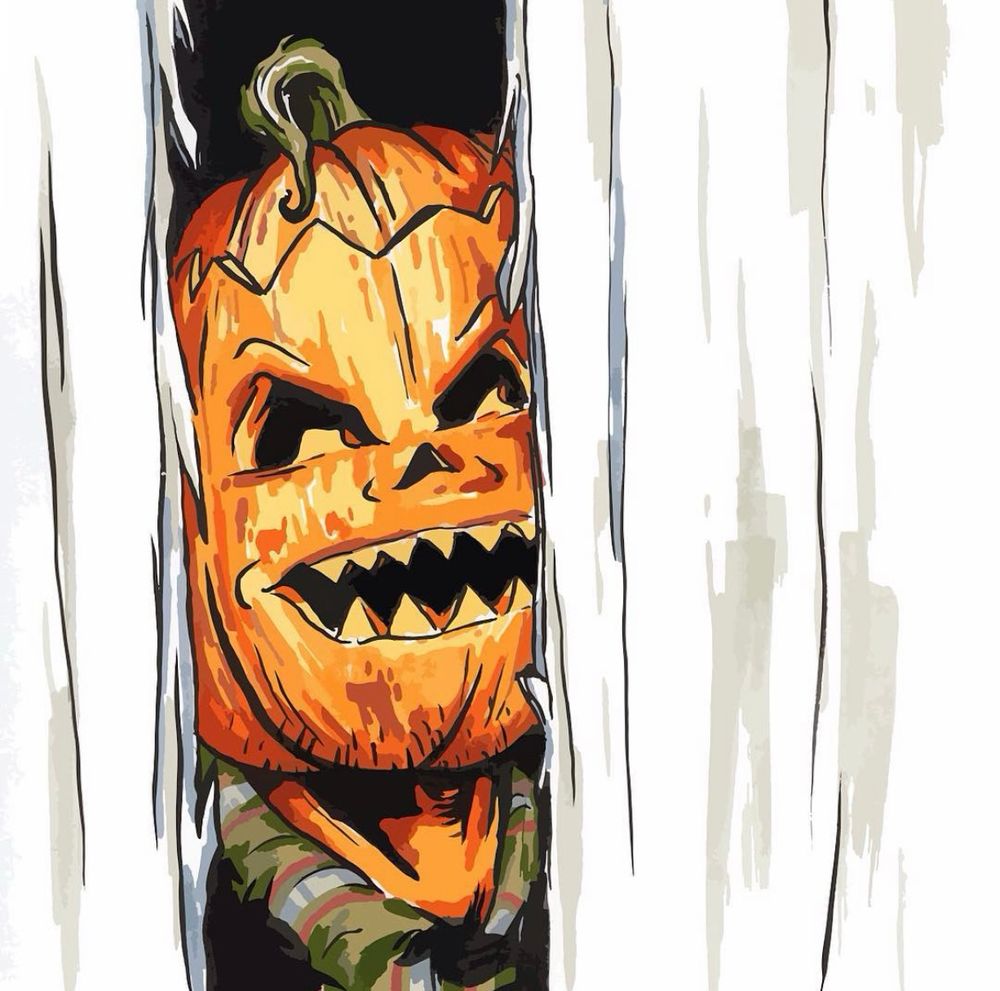 Illustration of a pumpkin head monster peeking through a broken door a la Jack Torrance of The Shining movie film