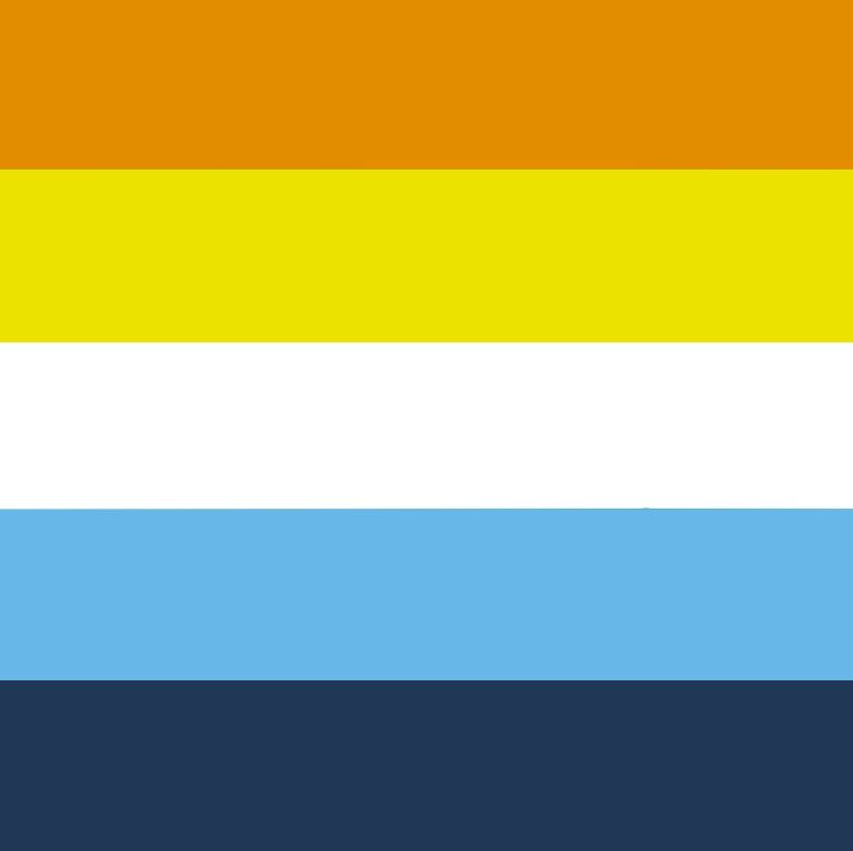 aroace pride flag consisting of orange, yellow, white, light blue, and dark blue horizontal stripes