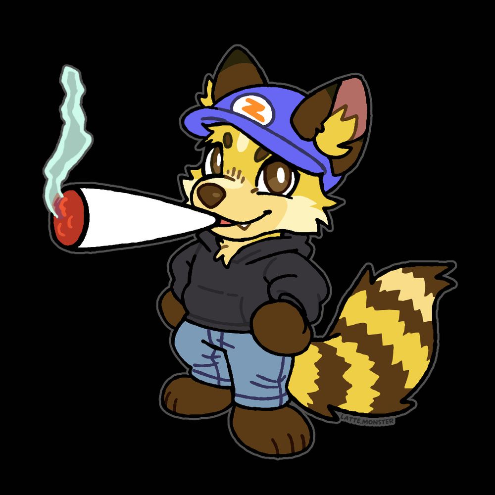 A yellow and brown fox furry smoking a comically large blunt, looking at the viewer with a smug pose and expression. They have a striped tail and are wearing a blue cap with an orange Z emblem, a dark gray hoodie, and jeans.
