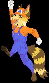 A yellow and brown fox furry with a striped tail wearing an orange shirt and cap with a blue Z emblem, blue overalls, and white gloves. They jump happily, mimicking Mario.