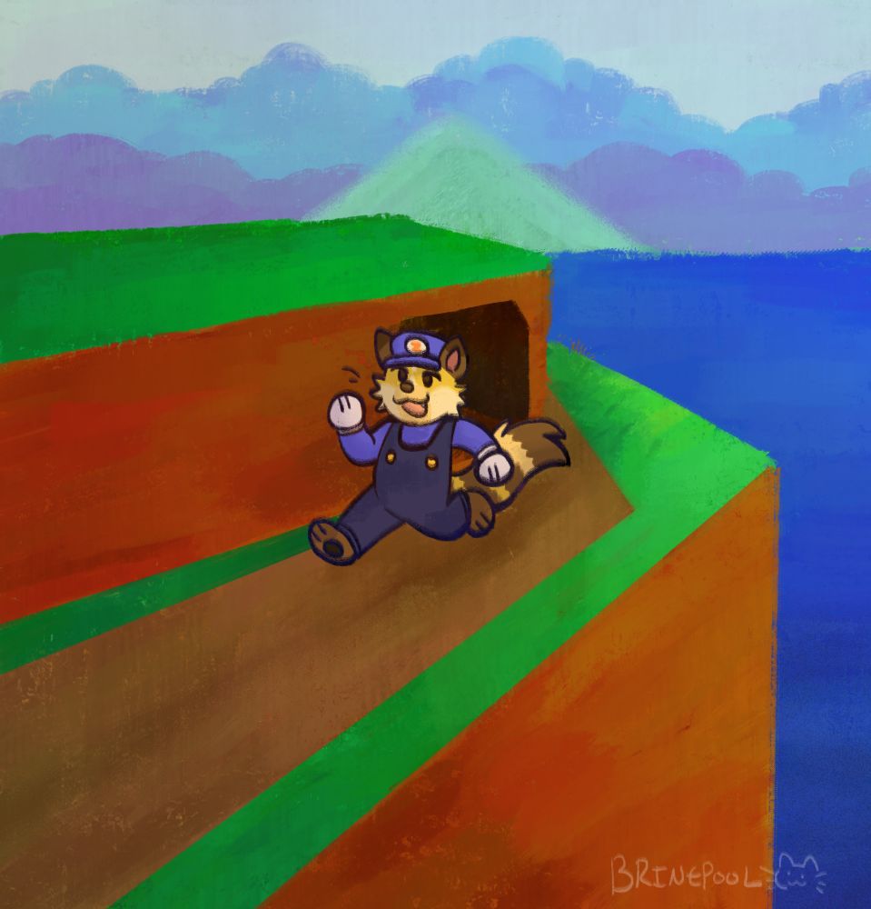 A yellow and brown fox furry with a striped tail wearing a Mario-style outfit: dark blue overalls, blue shirt, white gloves, and blue cap with an orange Z emblem. They are running down a painted rendition of Bob-omb Battlefield's central spire.