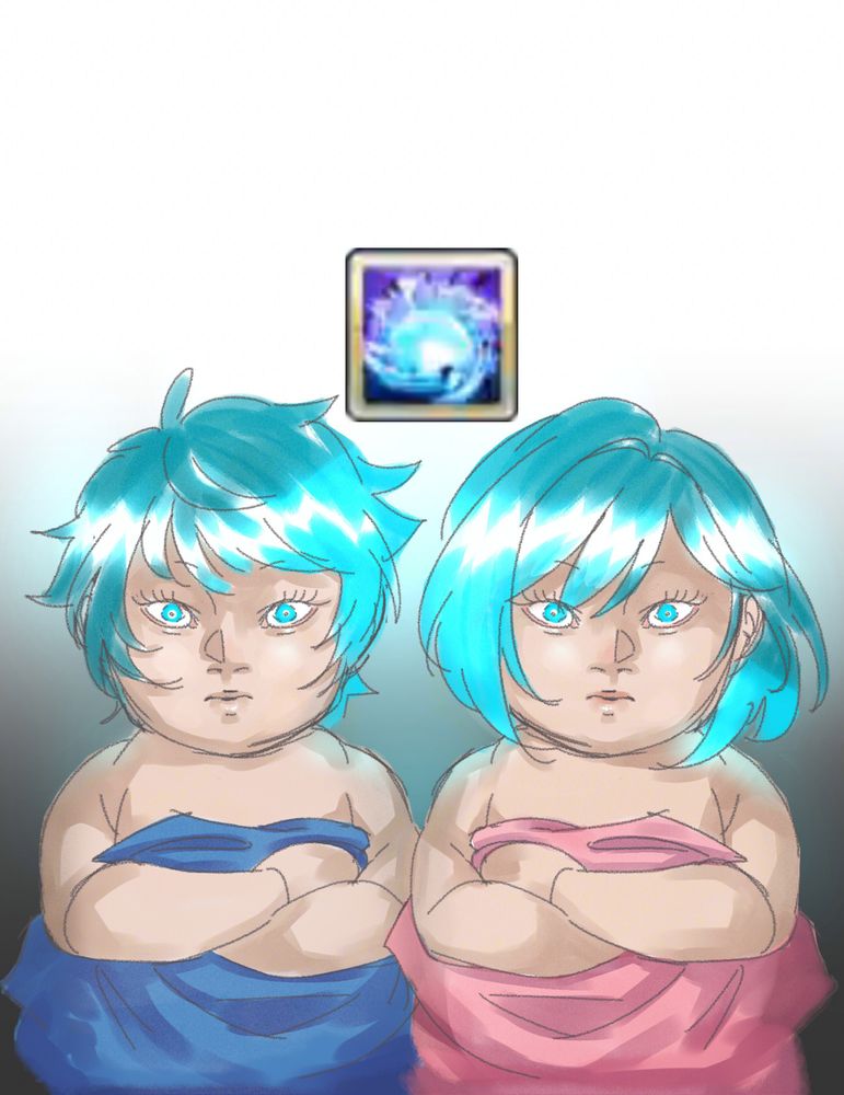 drawing of gran (baby) and djeeta (baby). they're locked in and blue after using the skill 1 replacement from orologia's summon call.