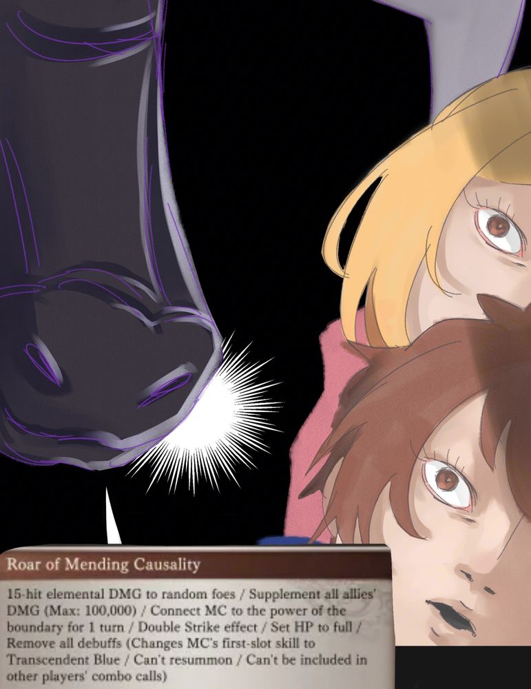 drawing of orologia (summon), gran (baby), and djeeta (baby) that parodys the "queen never cry" meme format. instead of "queen never cry" orologia says the effect of their summon call.