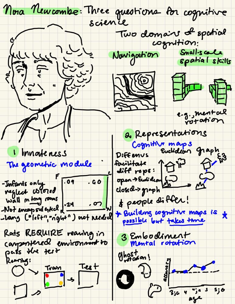 Sketchnote of Nora Newcombe's Rumelhart Prize Talk, posing three questions and case studies for cognitive science: (1) innateness (with the geometric module as a case study), (2) representations (featuring cognitive maps vs. graphs), and (3) embodiment (featuring mental rotation) 