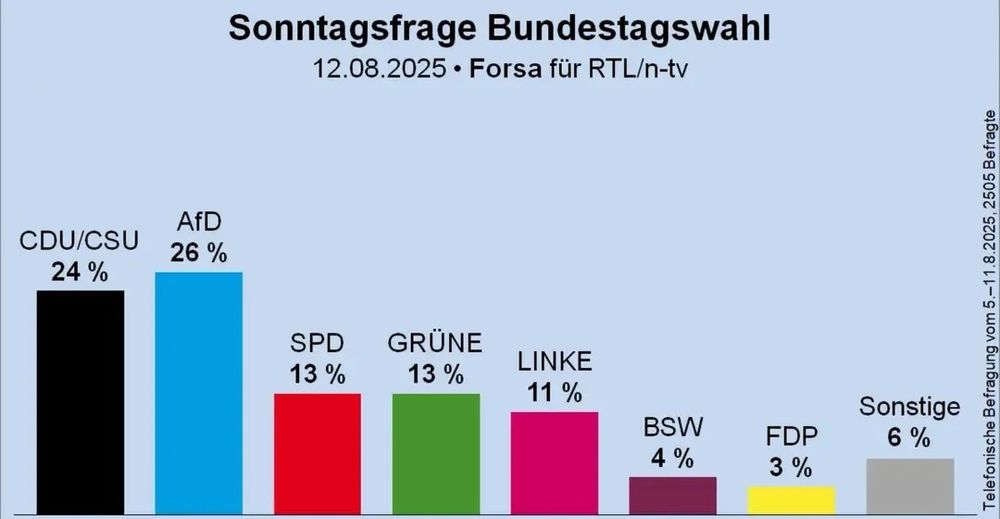 Sonntagmorgen Bundestagswahl: CDU/CSU 24%, AfD 26%, SPD 13%, Grüne 13%, Linke 11%, BSW 4%, FDP 3%, Sonstige 6%