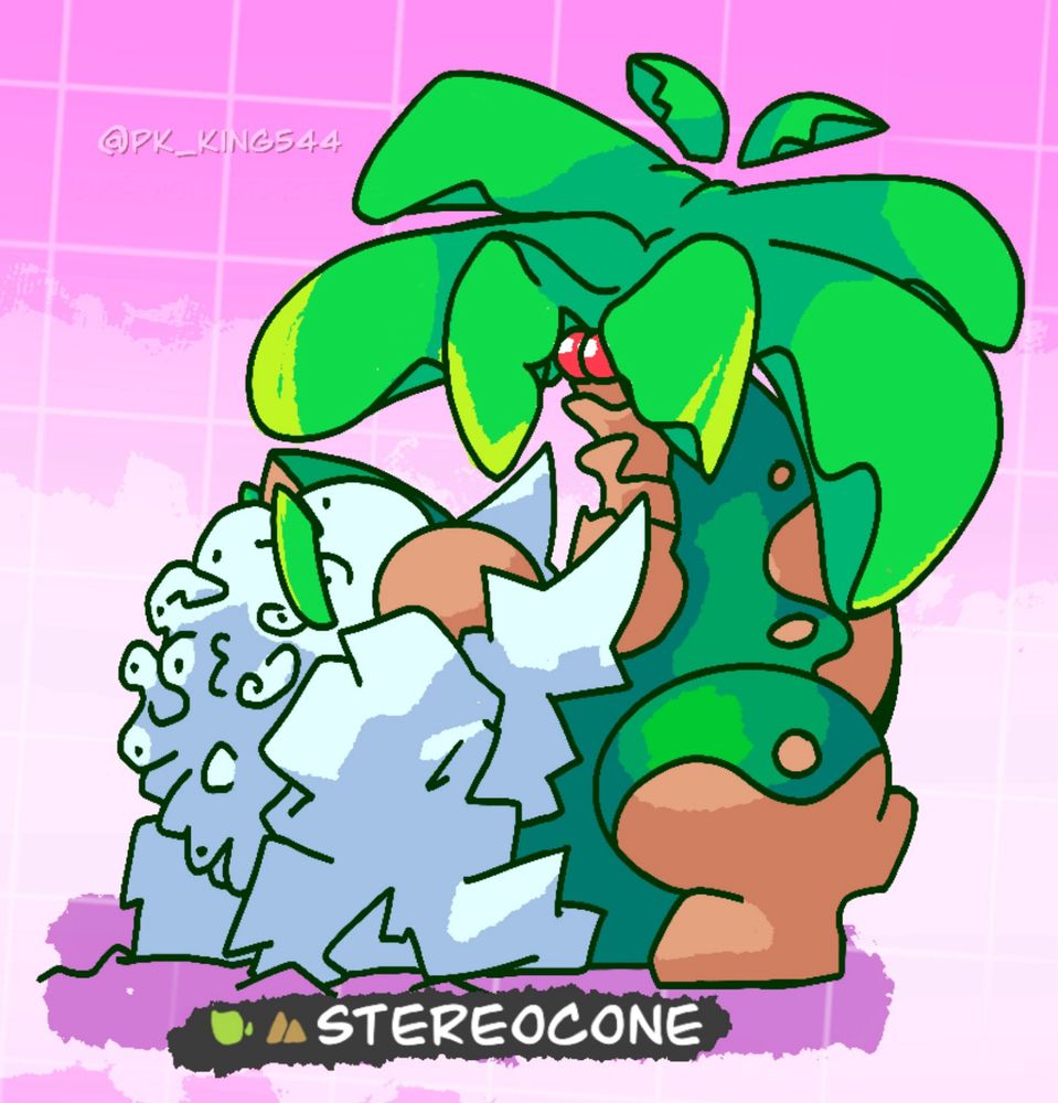 Stereocone, The Stereocilia Frog 🍃⛰
Completely blind, this large Pokémon digs it’s hands deep into the ground through almost any rock to feel the area around it, attacking enemies from right underneath them. The palm tree like leaves loom over it to protect it from areal predators, and can pick up on subtle changes to the atmosphere. Mimicking barnacle on its underside and showing it’s blind eyes to seem sick, is just one way it avoids confrontation. Typically, smaller Pokémon can be found housed under its leafs for protection, especially bug types. It doesn’t croak or ribbit in fear of breaking its rocky underside

The motif of a spider along its back or around them referenced their symbiotic relationship with tralanchalas.