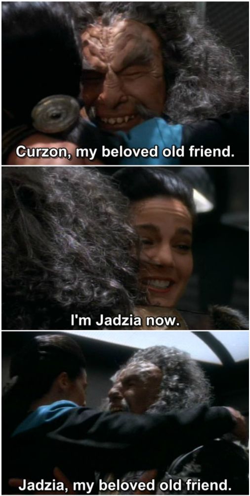 3 panel meme of Kor and Jadzia Dax hugging. Kor says "Curzon, my beloved old friend." Jadzia corrects him saying "I'm Jadzia now." Kor immediately and just as enthusiastically responds "Jadzia, my beloved old friend."