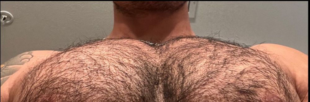 Close-up of a muscular man's dark-haired pecs