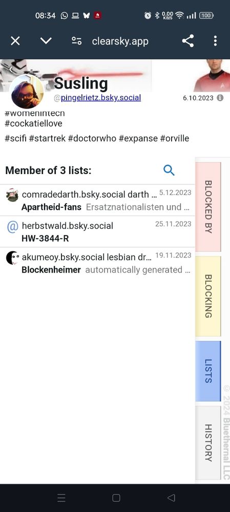 Screenshot von clearsky, der zeigt, auf welchen Blocklisten mein Account steht. 
Blockenheimer, Apartheid-Fans und HW-3844-R