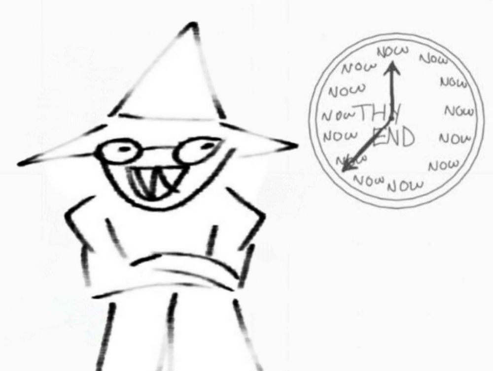 A peculiar little necromancer fella next to a clock showcasing how thy end is in fact, now.