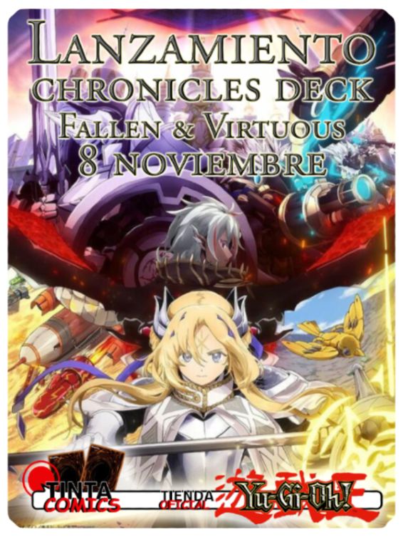 Anuncio de lanzamiento del mazo "Chronicles Deck: Fallen & Virtuous" el 8 de noviembre, con personajes de estilo anime y logos de Tinta Comics y Yu-Gi-Oh!